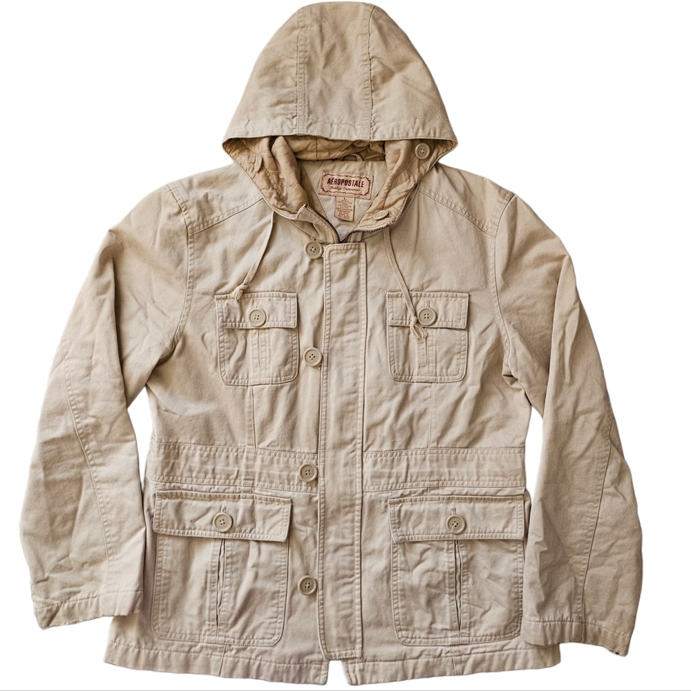 Aeropostale Y2K Jacket Womens Large Khaki Utility Full Zip Casual Hooded Coat